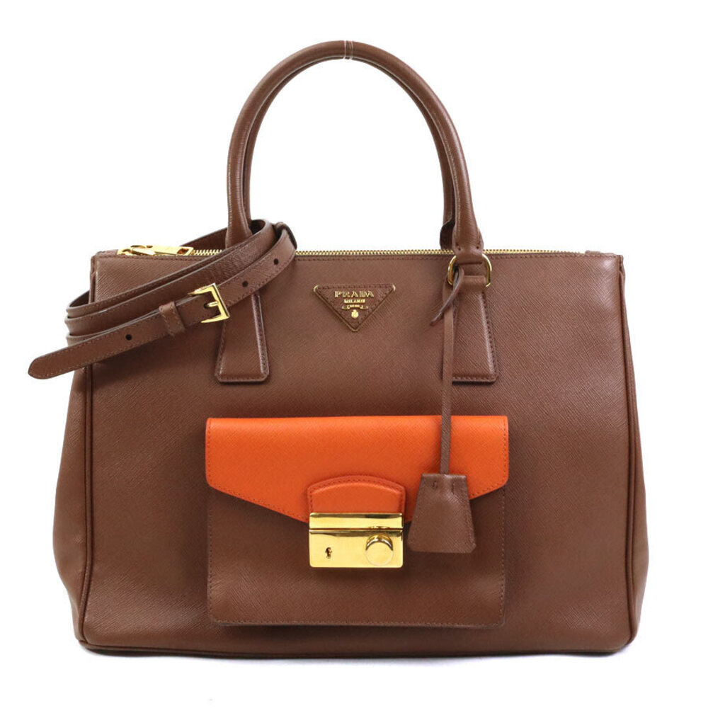 Prada Saffiano Lux Galleria Front Pocket Tote Shoulder Bag Orange Brown